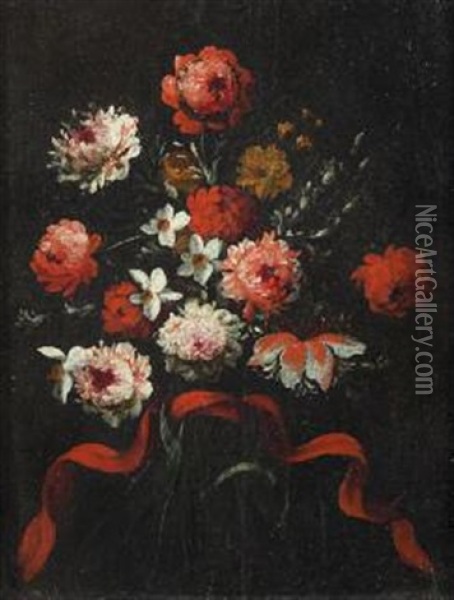 Mazzo Di Fiori Con Nastro Rosso Oil Painting - Margherita Caffi