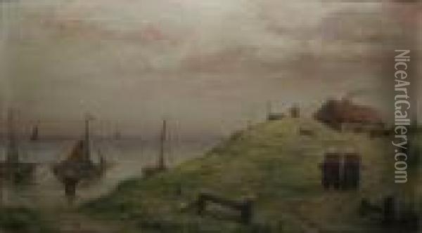 Voiliers Et Personnages Dans Un Paysage De Dunes Oil Painting - Edward Antoon Portielje