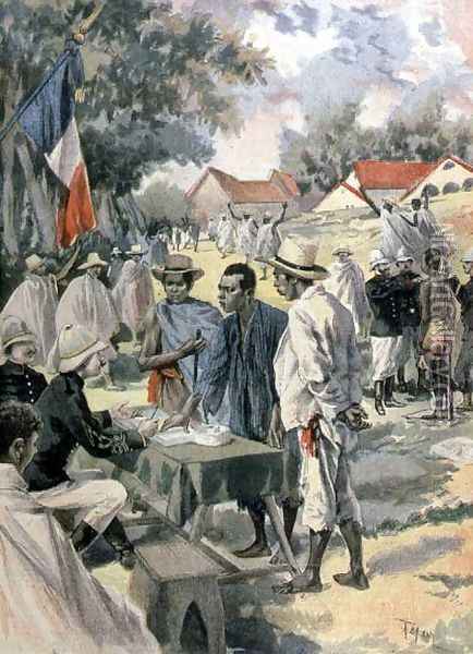 Enlisting Natives on the Island of La Reunion, from Le Petit Journal, 10th February 1895 Oil Painting - Oswaldo Tofani