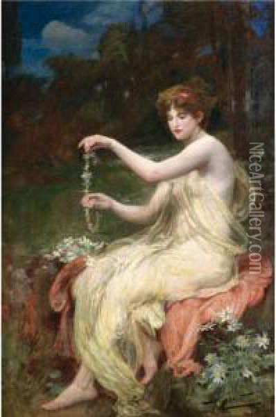Making Daisy Chains Oil Painting - Robert Fowler