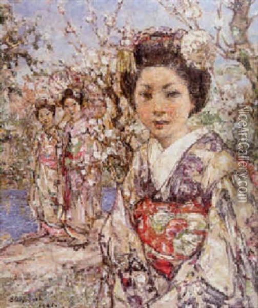 Japanese Girls By A Lake Oil Painting - Edward Atkinson Hornel