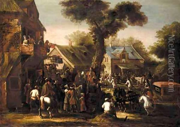 A Crowded Village Scene With A Messenger Reading A Proclamation Oil Painting - Jan Van Eyck