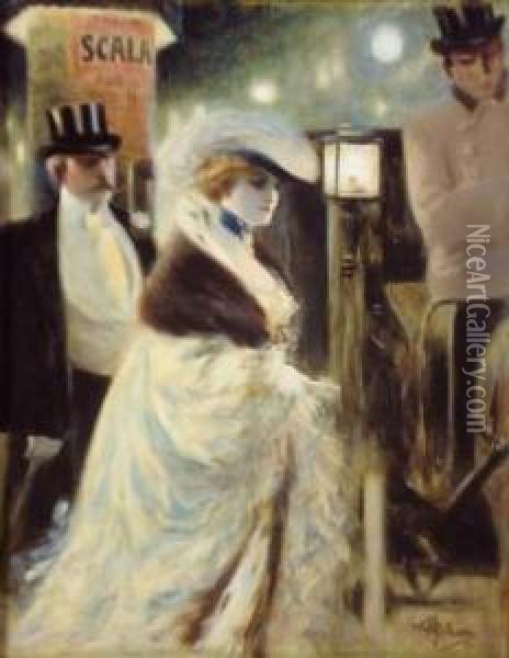 Couple D'elegants Se Rendant A La Scala. Oil Painting - Albert Guillaume
