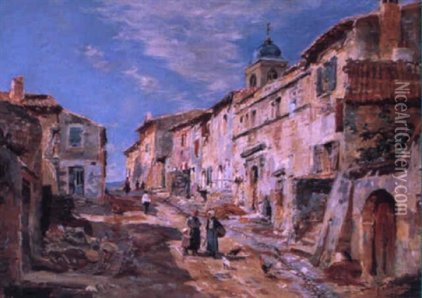 La Rue Du Village Ensoleille Oil Painting - Edmond Marie Petitjean
