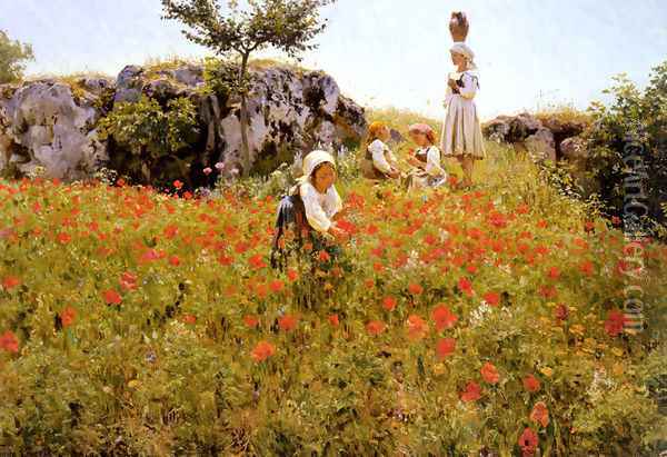 Picking Poppies, Sora Oil Painting - Viggo Christian Frederick Pedersen