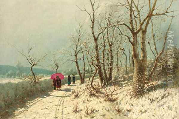 An afternoon stroll in the snow Oil Painting - Jan Jacob Lodewijk Ten Kate
