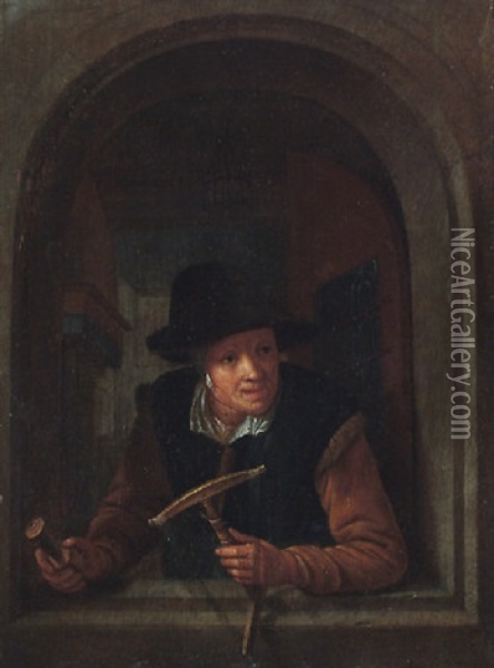 A Woman At The Window Holding A Distaff Oil Painting - Gerrit Dou