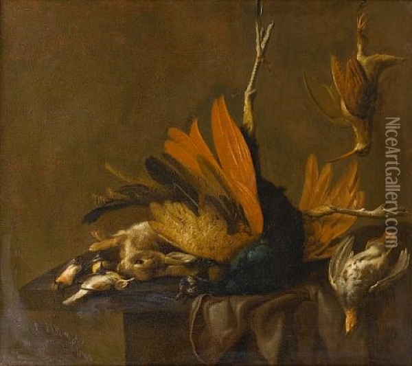 A Peacock, Hare, Partridge, Woodcock And Songbirds On A Draped Table Oil Painting - Elias Vonck
