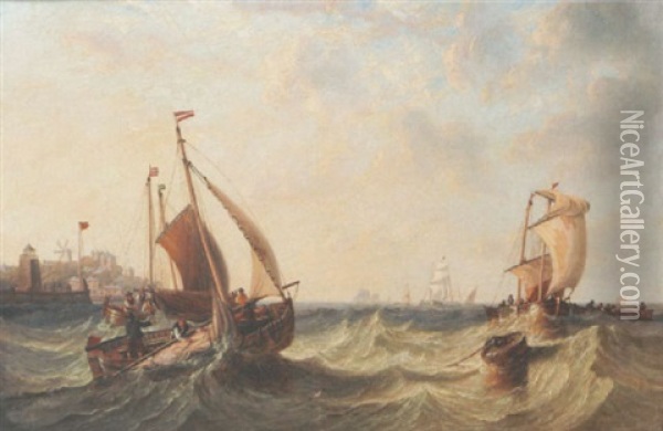 Fishing Boats In A Harbour Mouth Oil Painting - John Wilson Carmichael