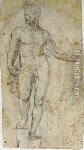 A Standing Nude With Subsidiary 
Studies Of A Male Head In Profileand A Bishop (recto); A Standing Nude 
(verso) Oil Painting - Bartolomeo Neroni
