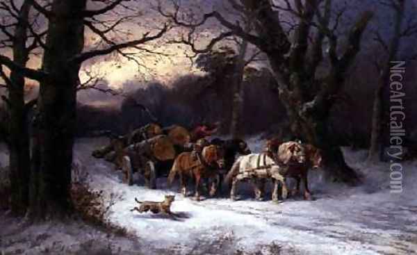 Horses Pulling a Log Cart in a Winter Landscape Oil Painting - Alexis de Leeuw