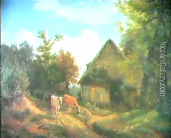 Blick Auf Ein Reetgedecktes Bauernhaus In Baumbestandener   Norddeutscher Landschaft Oil Painting - Adolf Konrad Mosengel
