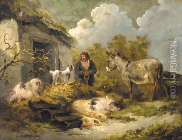 A Farm Boy With A Donkey, Pigs And A Sheep Dog Oil Painting - George Morland