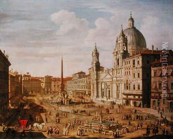 Piazza Navona, Rome, looking South towards Palazzo Pamphilj and Palazzo Massimo Lancellotti Oil Painting - Salvatore Colonelli Sciarra