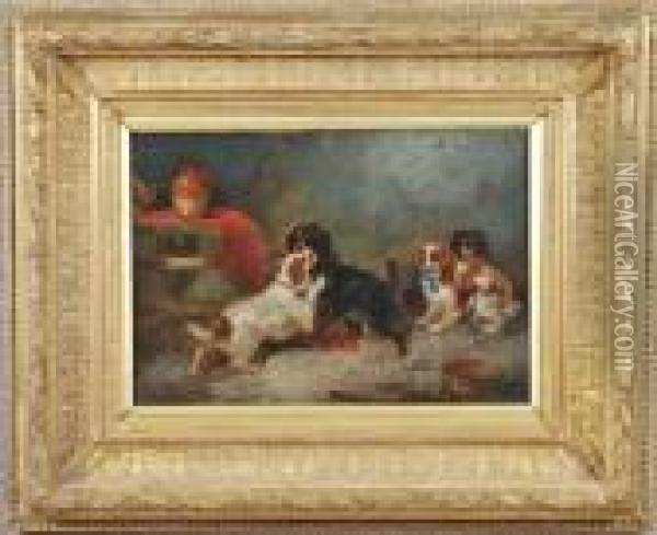 Four Dogs At Play In Cottage Interior Oil Painting - George Armfield