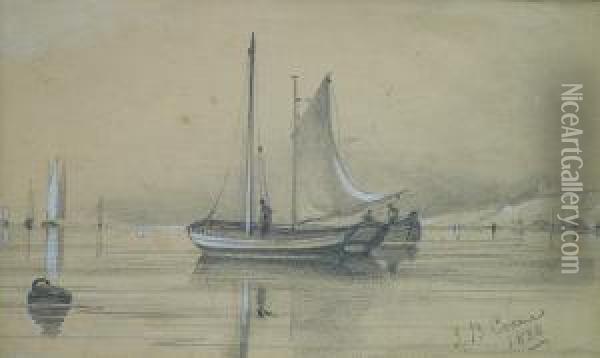 Sketch Of Fishing Boats On Still
 Water With A Coast In The Distance, Signed And Dated 1838 Oil Painting - John Berney Crome