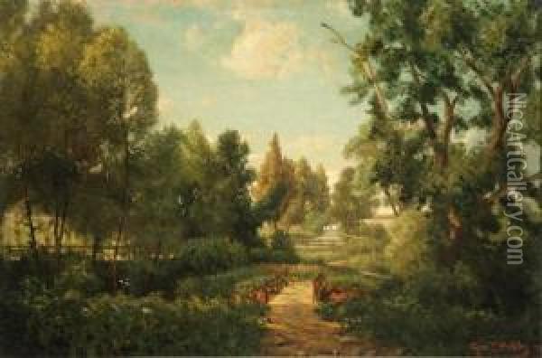 Late Afternoon Affair, West Fairmount Park, Philadelphia Oil Painting - George Thompson Hobbs