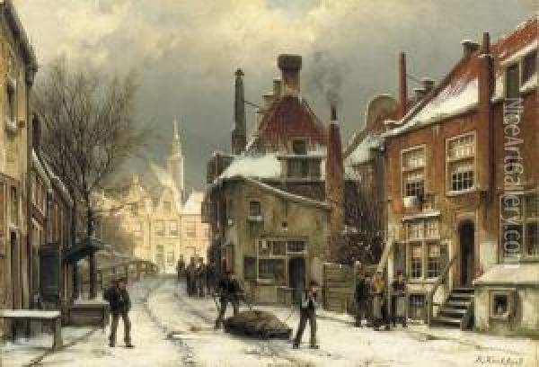 Villagers On A Snow-covered Street Oil Painting - Willem Koekkoek