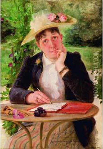 Femme Ecrivant Dans Un Jardin Oil Painting - Auguste de la Brely