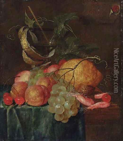 A still life with shrimp, grapes, cherries, peaches and a glass goblet on a partially covered table Oil Painting - Isaac Van Duynen