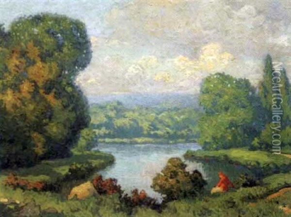 Paysage, Repos En Bord De Riviere Oil Painting - Maurice Chabas