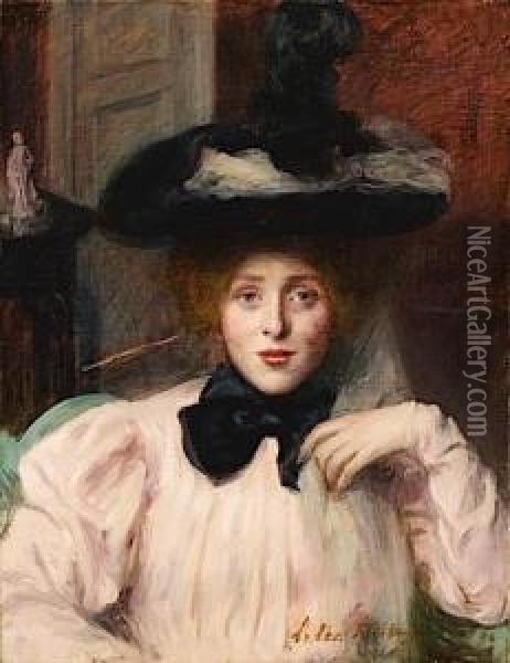 Portrait De Femme Au Chapeau Noir Oil Painting - Lucy Lee Robbins