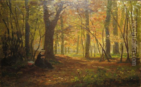 Rustende Vrouw In Het Bos . Oil Painting - Hippolyte Boulenger