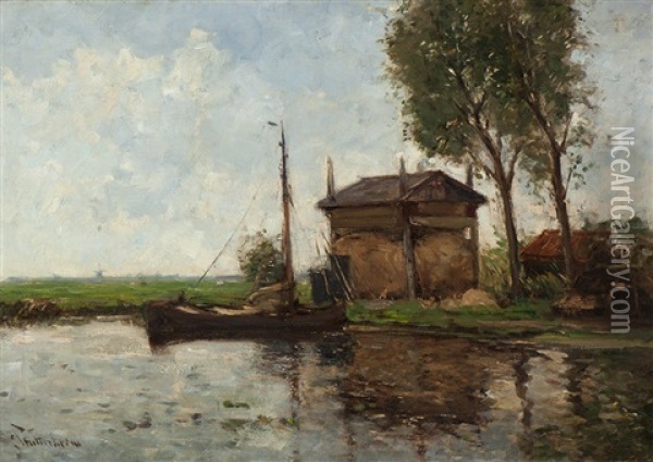 Moored Boat By A Hay Stack Oil Painting - Louis Stutterheim