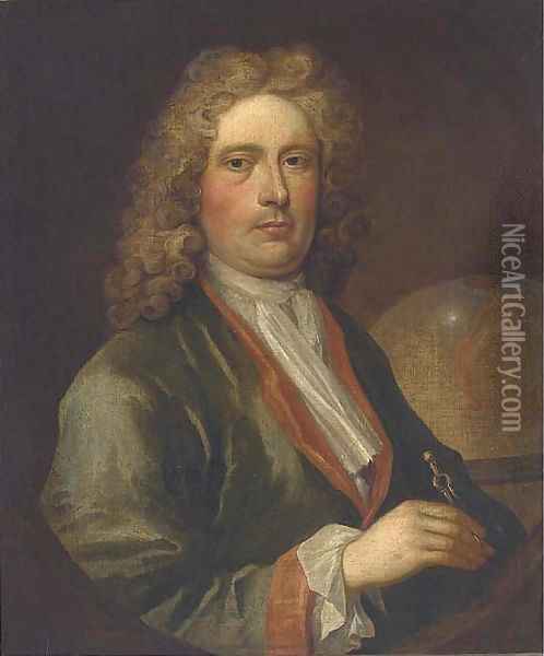 Portrait of a geographer, bust-length, holding a pair of dividers Oil Painting - English School