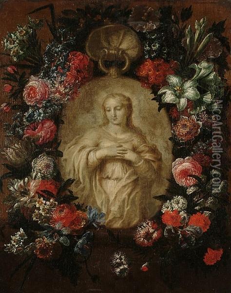 A Garland Of Roses, Peonies, Tulips, Iris And Other Flowers Surrounding A Stone Relief Of The Virgin Oil Painting - Jean Georges Christ. Coclers