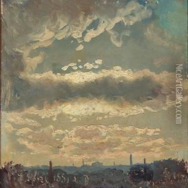 View Over A City With Sunlit Clouds, Presumably In Italy Or France Oil Painting - Viggo Christian Frederick Pedersen
