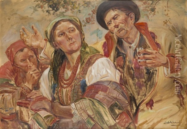 A Couple Oil Painting - Wincenty Wodzinowski