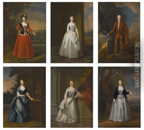 A Set Of Full Length Portraits, One Gentleman With His Greyhound, And Five Ladies (6 Works) Oil Painting - Enoch Seeman