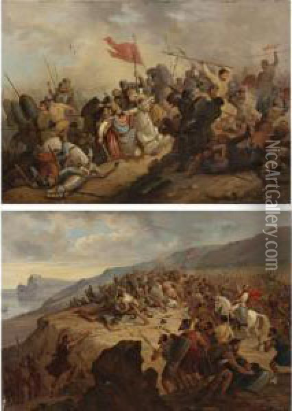 Two Scenes Of Battle: A Pair Oil Painting - Henri Felix Emmanuel Philippoteaux