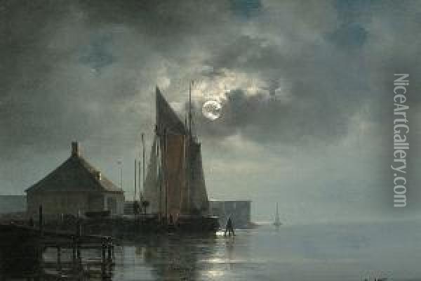 A Moonlit Harbour Oil Painting - Carl Johan Neumann