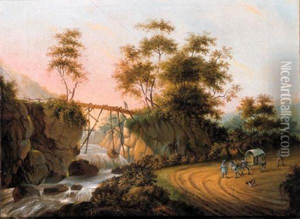 Peasants Returning From A Market On A Road By A Waterfall In Anitalianate Landscape Oil Painting - Joseph Augustus Knip
