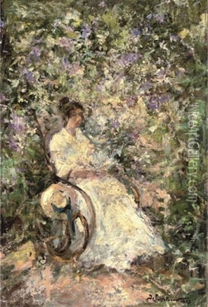 A Lady Seated In A Garden Oil Painting - Ivan Pavlovich Pokhitonov