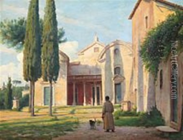 A Friar Outside Capella St. Cesilia, Roma Oil Painting - Sigvard Marius Hansen