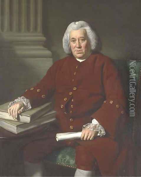 Portrait of Robert Marsh of the East India Company, three-quarter-length, seated at a table in a brown coat with lace cuffs Oil Painting - Sir Nathaniel Dance-Holland