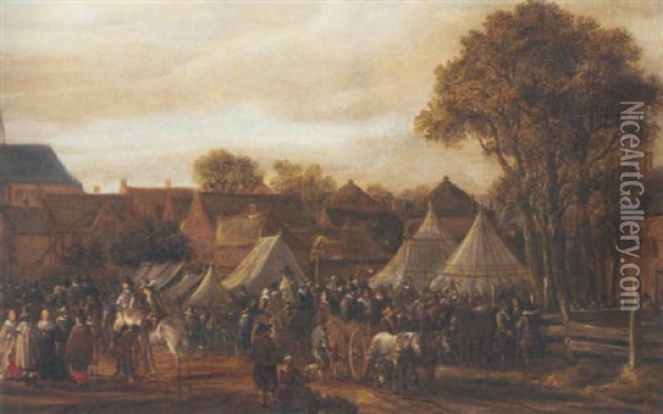 A Horse Fair (valkenburg?), With Figures In Wagons And On Horseback By Booths Outside The Town Walls Oil Painting - Cornelis Beelt