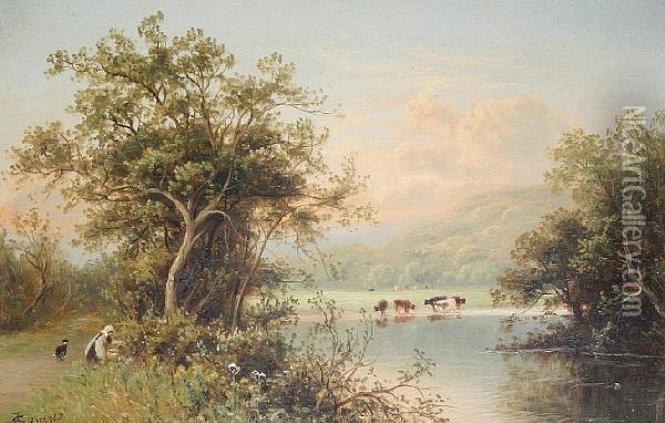 Cattle Watering At A Stream, A Pair Oil Painting - Thomas Spinks