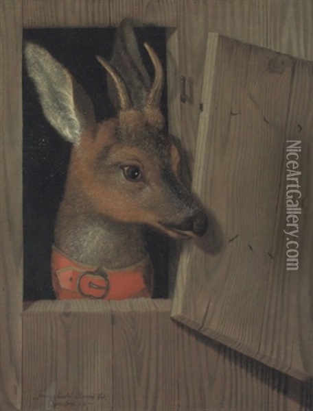A Deer Looking Out Of A Stable Stall, In A Red Collar Oil Painting - Franz Roesel von Rosenhof