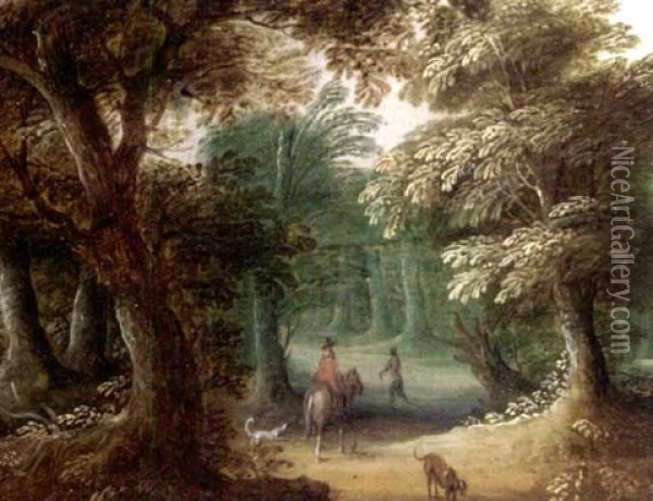 Wooded Landscape With A Horseman On A Path Oil Painting - Jasper van der Laanen