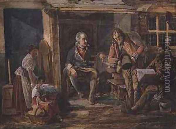 Group including a soldier outside a cottage door Oil Painting - John Harden