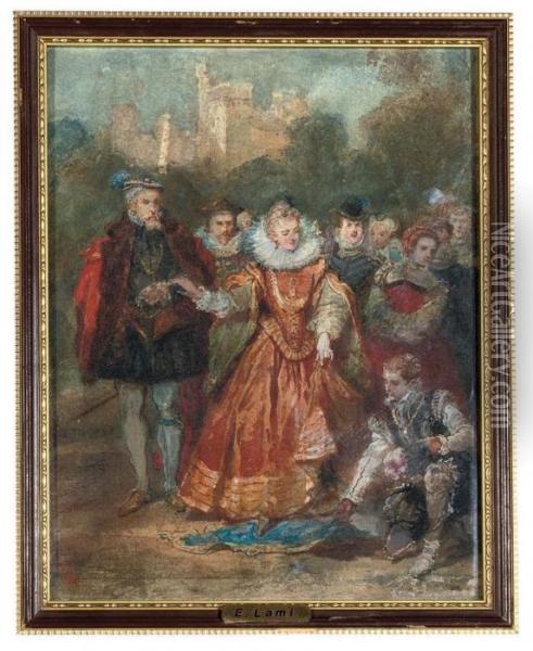 Sir Walter Raleigh Laying His Cloak Before Queen Elizabeth I Oil Painting - Eugene Louis Lami