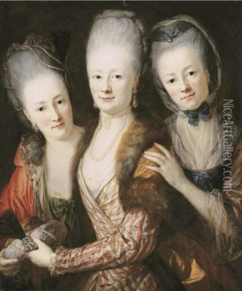 Group Portrait Of The Daughters Of Johann Julius Von Vieth Und Glossenau: Juliane Corline, Sophie Juliane Elisabeth And Juliane Charlotte, In Lace Lined Dresses Oil Painting - Anton Graff