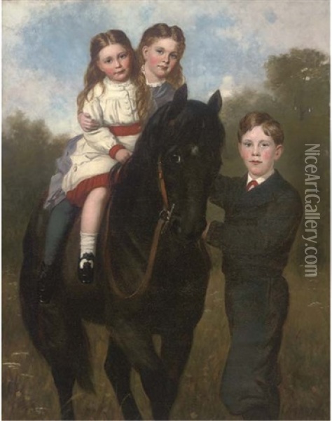 Portrait Of The Cherwynd Children, Full-length, Two Girls On A Horse Being Held By Their Brother, In A Paddock Oil Painting - Sydney Hodges