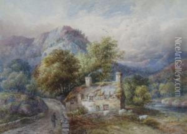 Cottages Near Pont Aber Glaslyn , North Wales Oil Painting - William Ellis