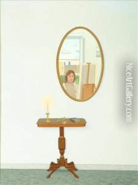 Self Portrait, Mirror Over Table Oil Painting - Philip Dawe