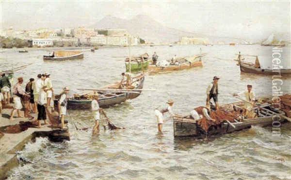 Fishing Vessels Off Castel Dell'ovo, Naples Oil Painting - Attilio Pratella